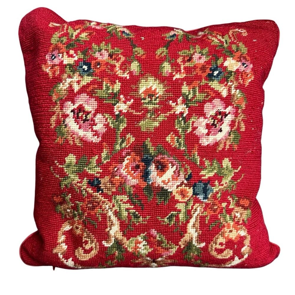 Vintage Ralph Lauren Chaps shabby needlepoint pillow floral red zip closure 15”